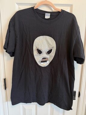 El Santo Lucha Libre Black Tshirt Silver Glitter Facemask and Tie Back Detail L